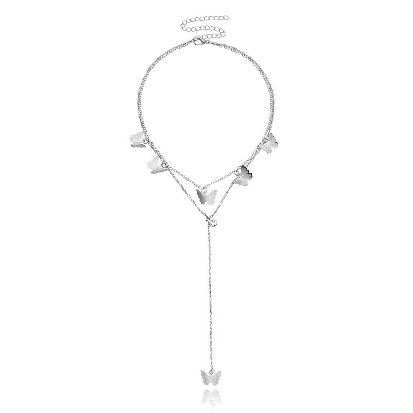 Jewelry Fashion Double Layer Alloy Butterfly Pendant Necklace Feminine Tassel Rhinestone Long Pendant