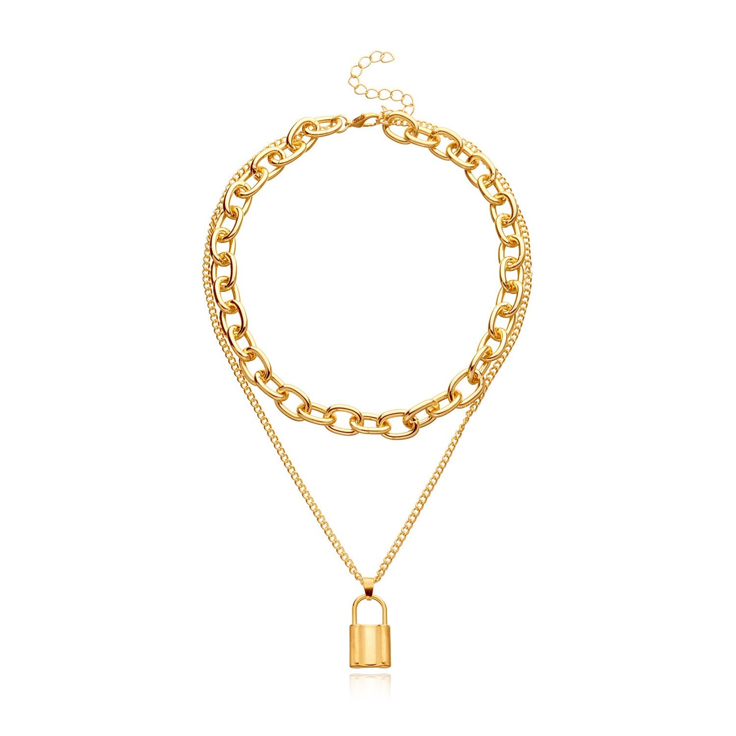 Jewelry Punk Aluminum Alloy Thick Chain Lock Pendant Necklace Ladies Street Retro Double Layer Necklace