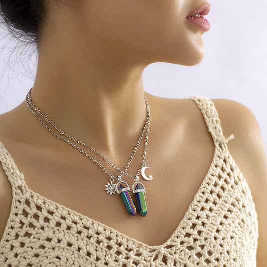 Jewelry personalized retro imitation crystal pendant double layer necklace sweet cool star moon sun multivariate necklace