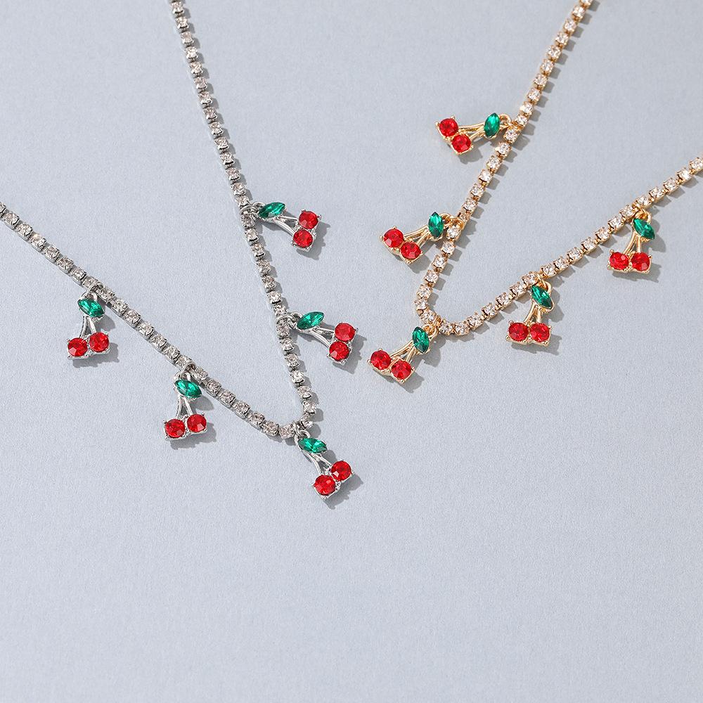 Rhinestone Cherry Necklace Hip Hop Tennis Chain Cherry Pendant Necklace Small Fresh Single Row Micro-studded Diamond Necklace