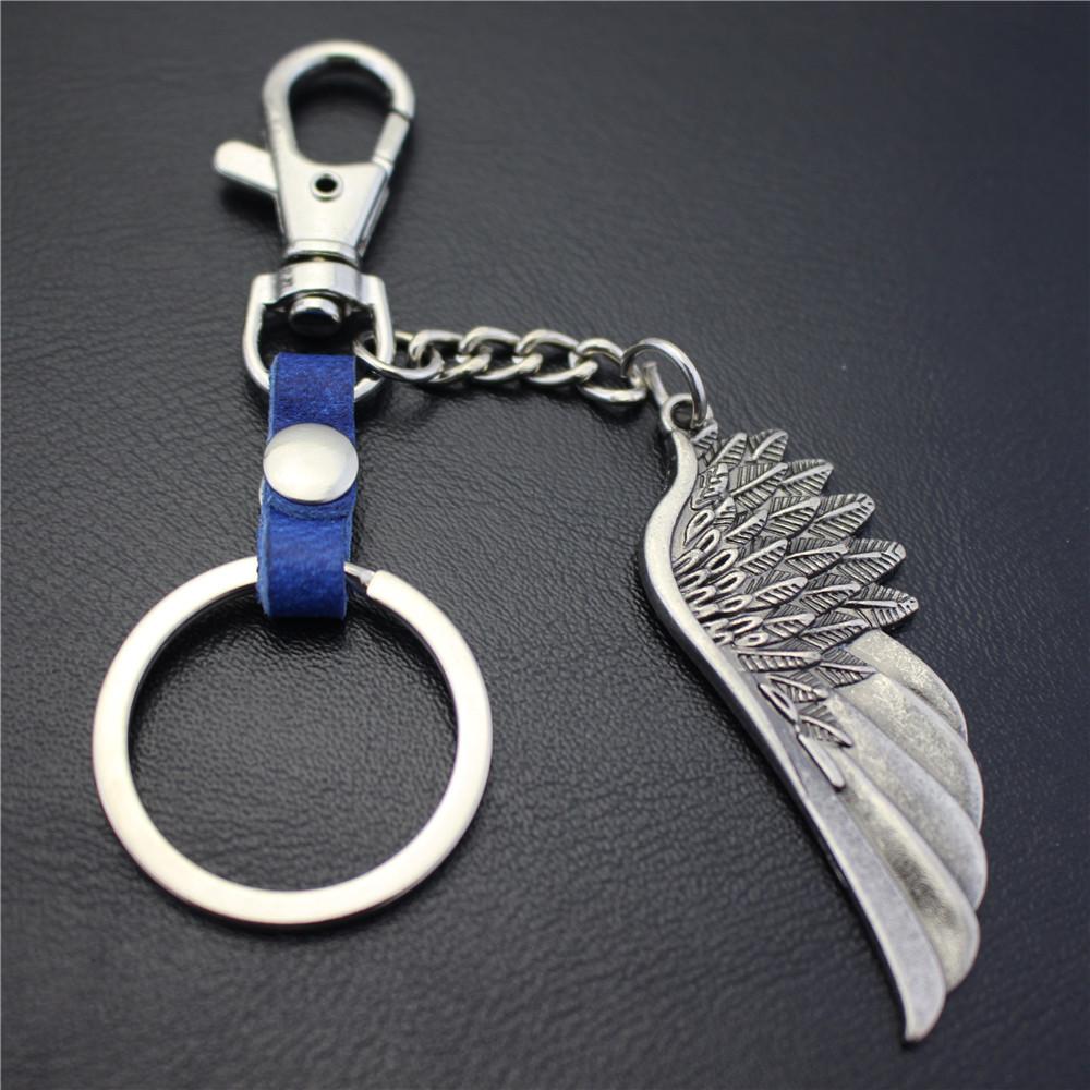 High-quality brushed retro alloy angel wings pendant leather key chain clothing accessories car key ring