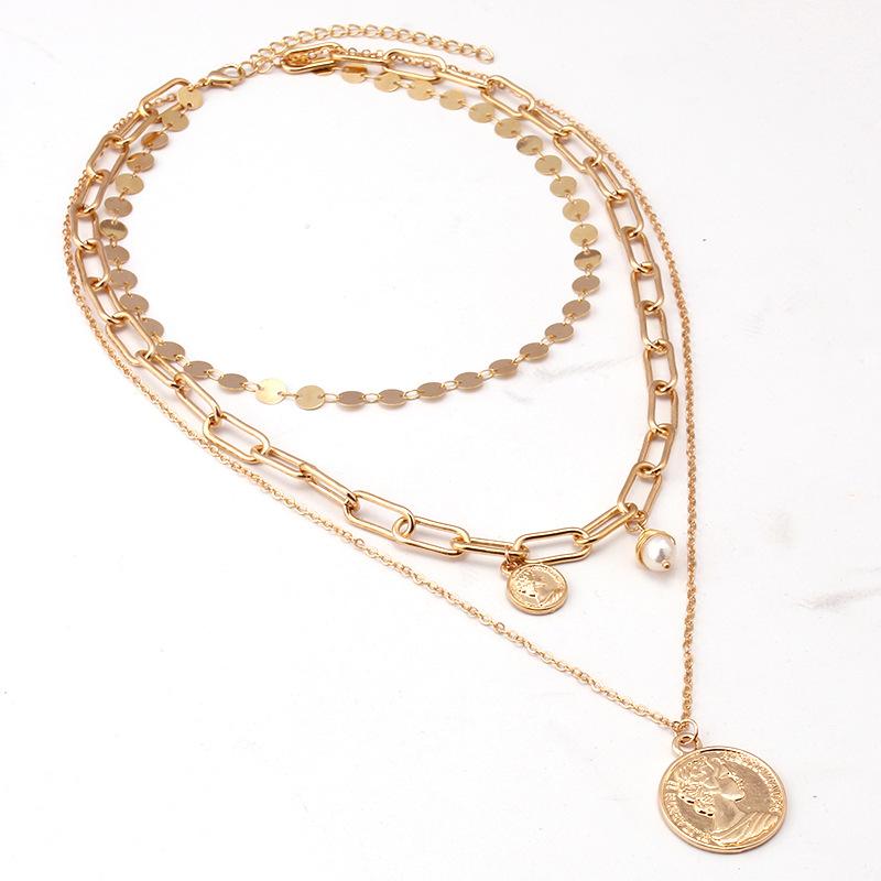 Jewelry creative retro size portrait coin pearl pendant multi-layer necklace three-layer clavicle chain