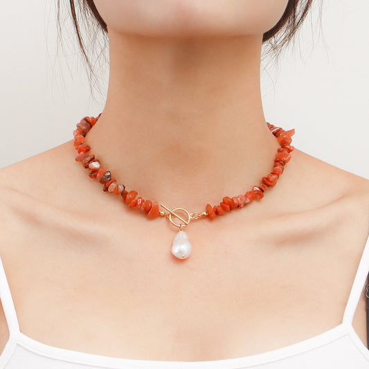 Jewelry Large Shaped Pearl OT Buckle Necklace Femininity Simple Fashion Flame Red Turquoise Necklace