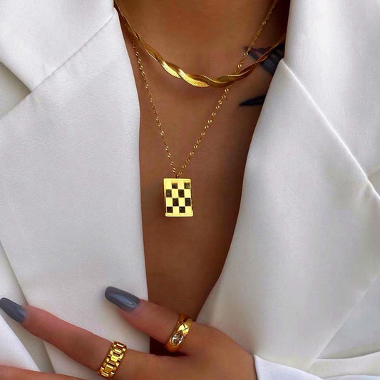 Jewelry Hip Hop Retro Snake Bone Chain Necklace Female Cold Checkerboard Metal Tag Necklace