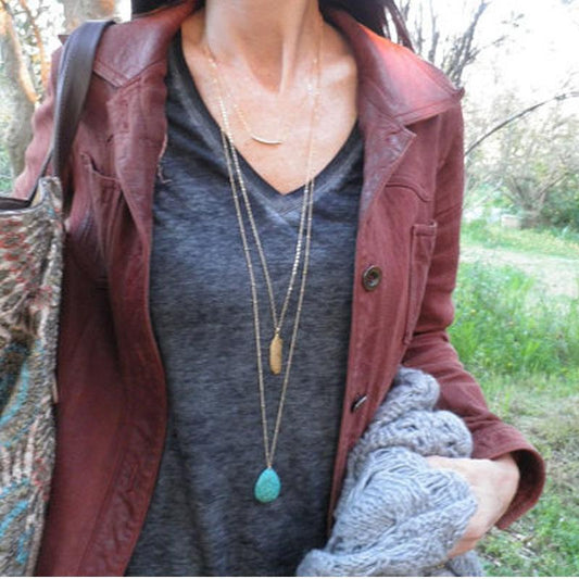 Necklace Lasso Turquoise Bead Big Leaf All-Match Ladies Multilayer Necklace