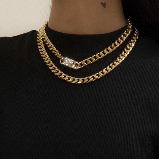 Jewelry Hip-Hop Studded Diamond Cuban Buckle Head Necklace Women's Retro Metal Aluminum Chain Necklace Set