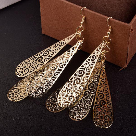 Retro multi-layered hollow water drop long earrings Indian Baroque women's earrings