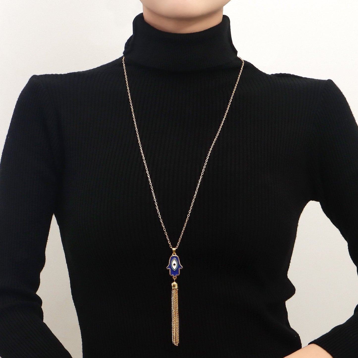 Jewelry Hand of Fatima Blue Evil Eye Tassel Pendant Necklace Women's Sweater Chain Trendy