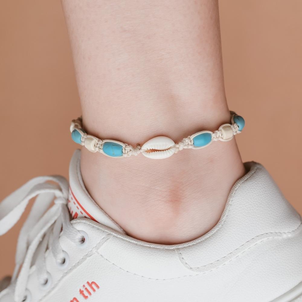 Braided Waxed Cord Turquoise Anklet Bohemian Shell Anklet Bracelet