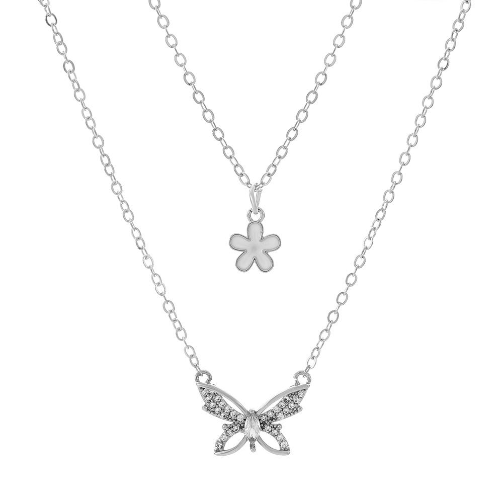 Ins stacked butterfly necklace female fashion niche design double flower pendant clavicle chain net red pendant