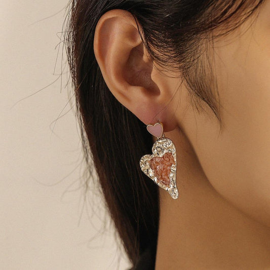 Ins Pink Girl Broken Diamond Peach Heart Earrings Cute Personality Heart Stud Earrings Versatile Fashion Earrings