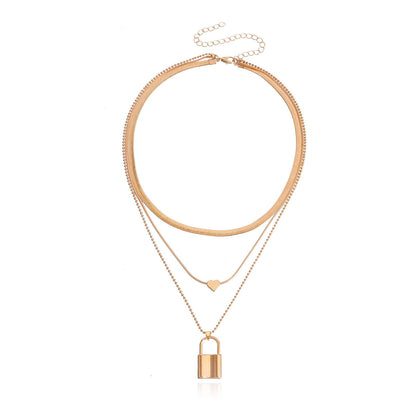 Jewelry Punk Multilayer Flat Snake Chain Padlock Love Pendant Necklace Women's Sweater Chain Advanced Sense Necklace
