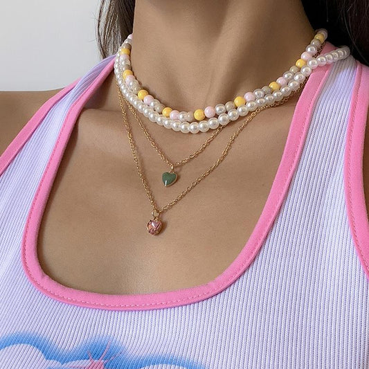 French retro color pearl set necklace female sweet cool painting oil heart-shaped diamond-studded gemstone stacked necklace