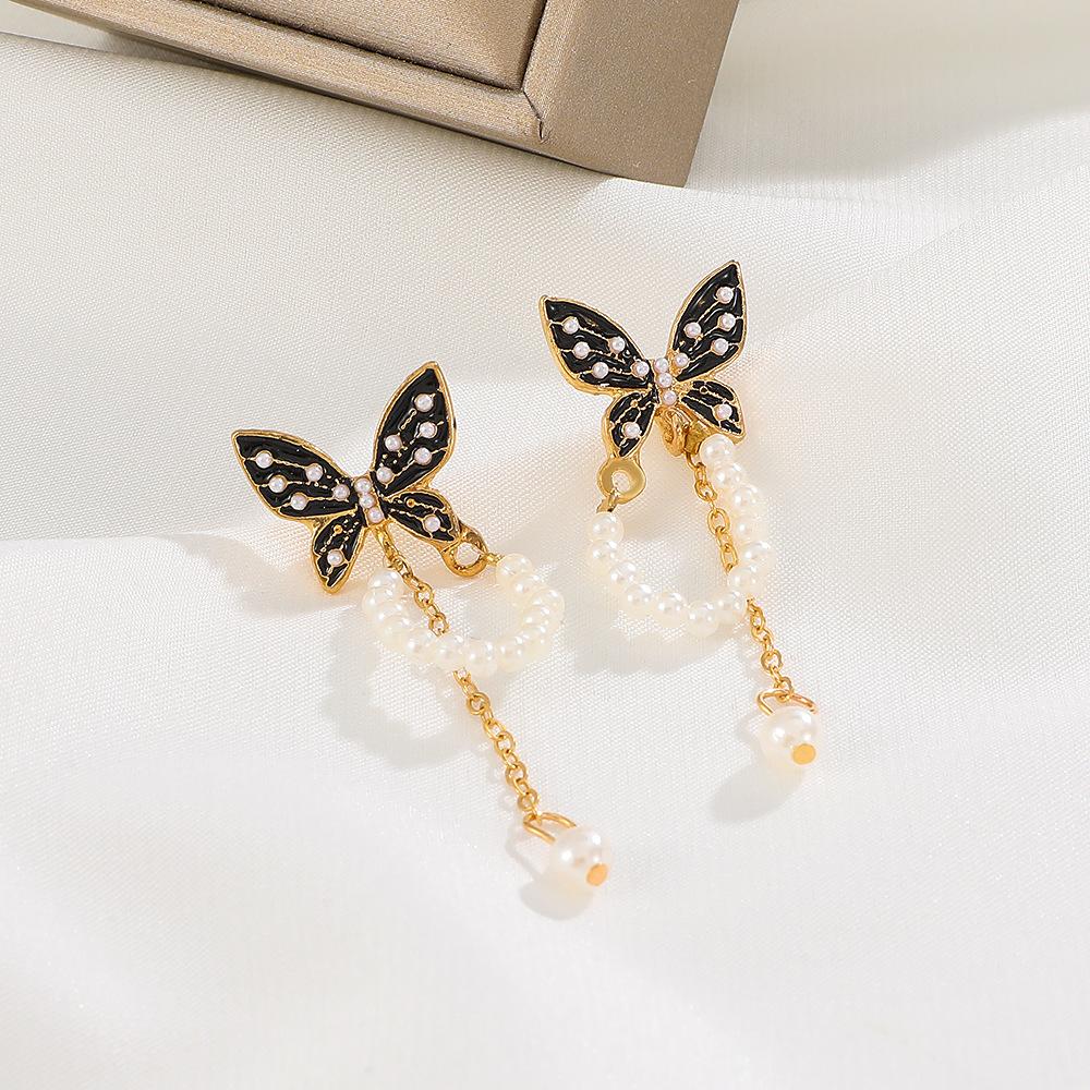 ins black butterfly earrings French light luxury niche design pearl chain tassel earrings sweet earrings