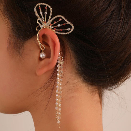 Super Fairy Crystal Tassel Butterfly Ear Bone Clip Female Frosty Mori Long Pearl No Ear Pierce Single Ear Clip