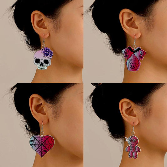 Halloween series earrings dark skull heart-shaped earrings female fashion creative funny spider exaggerated earrings