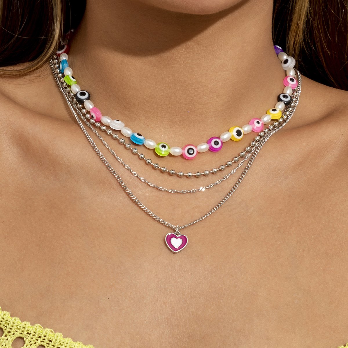 Jewelry Creative Random Color Eyes Multilayer Necklace Stacked Bead Chain Peach Heart Necklace Female