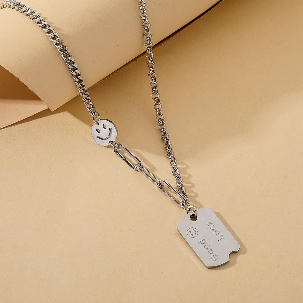 ins lucky nameplate necklace titanium steel sign collarbone sweater chain smiley coin stainless steel pendant necklace