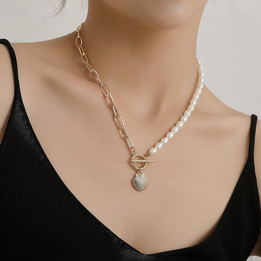 Jewelry rice grain pearl lock-shaped scallop pendant necklace female trend personality fashion simple necklace