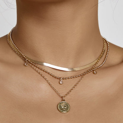 Jewelry Simple Round Bead Snake Bone Chain Necklace Retro Portrait Multi-layer Embossed Imitation Crystal Necklace