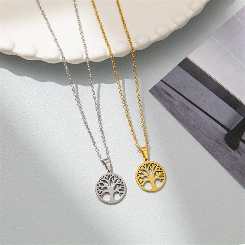 Stainless Steel Necklace Tree of Life Hollow Clavicle Chain Round Pendant Personalized Peace Tree Necklace
