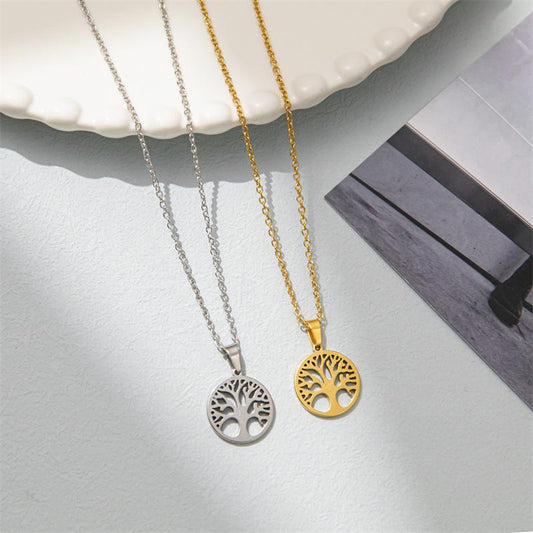 Stainless Steel Necklace Tree of Life Hollow Clavicle Chain Round Pendant Personalized Peace Tree Necklace