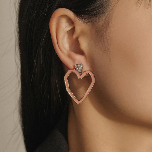 Full diamond irregular simple love earrings ins heart-shaped dripping oil small fresh temperament peach heart earrings