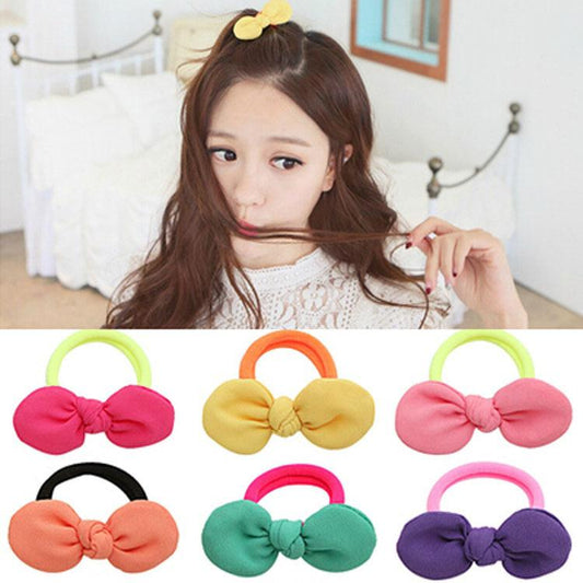 Cute Fluorescent Color Contrasting Color Hair Rope Chiffon Soft Rabbit Ear Bow Hair Tie