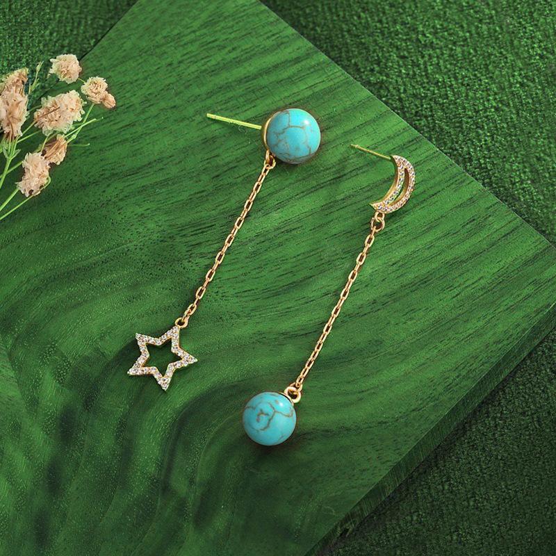 Jewelry Tassel Earrings Female Summer Niche Design Sense Star Moon Inlaid Turquoise Jewelry Accessories