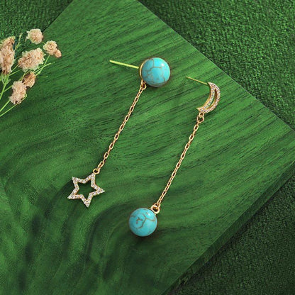 Jewelry Tassel Earrings Female Summer Niche Design Sense Star Moon Inlaid Turquoise Jewelry Accessories