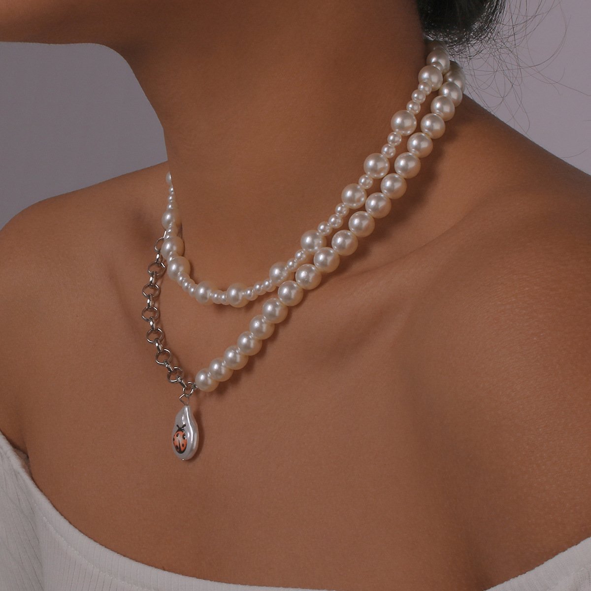 N1115 Xiaoxiang Net Red Necklace Women's Mosaic Pearl Cute Drop Oil Necklace Atmospheric Elegant Geometric Necklace