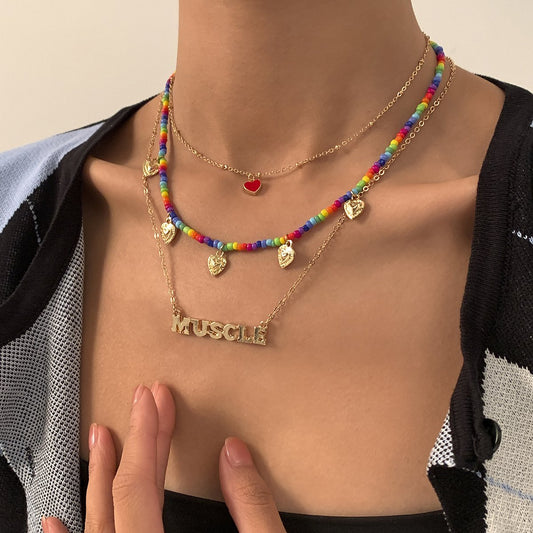 Fashion Simple Letter Peach Heart Clavicle Necklace Beach Vacation Colorful Beads Chain Necklace