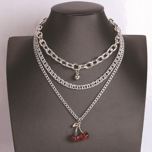 Resin cherry multi-layered necklace ball pendant decoration niche design sense fruit fashion clavicle chain female