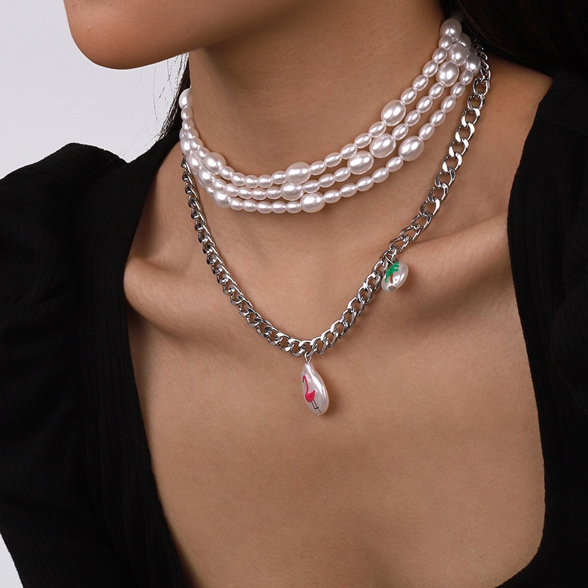 N1516 Exaggerated Pearl Print Necklace Coconut Tree Flamingo Holiday Casual Chain Stacking Necklace