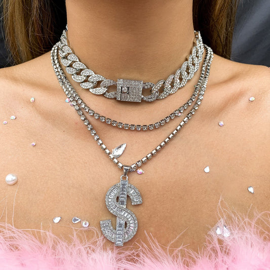 Jewelry hip-hop heavy industry full diamond Cuban chain necklace retro diamond dollar pendant set necklace