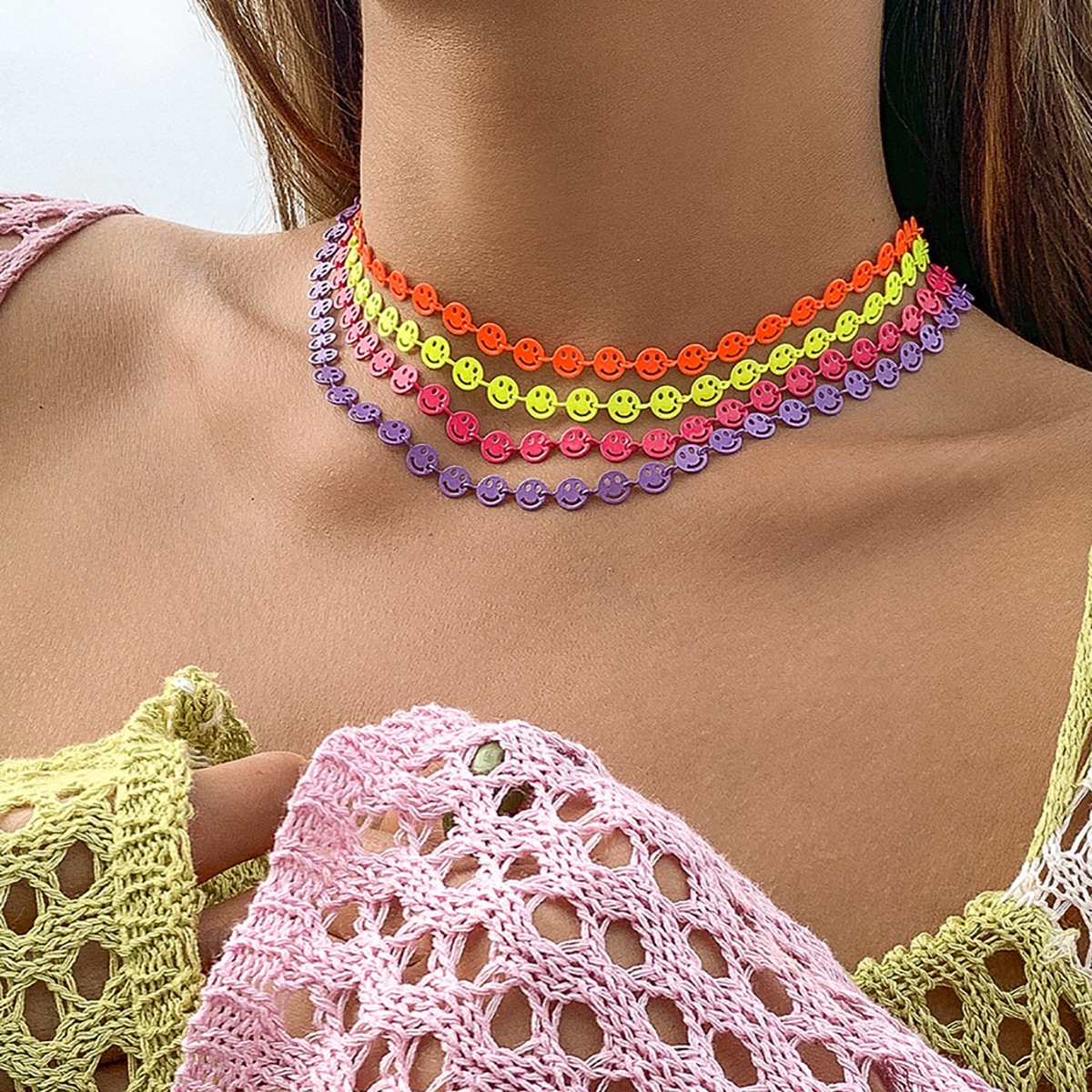 Jewelry sweet cool macaroon color smiley face necklace female simple geometric metal single layer collarbone necklace