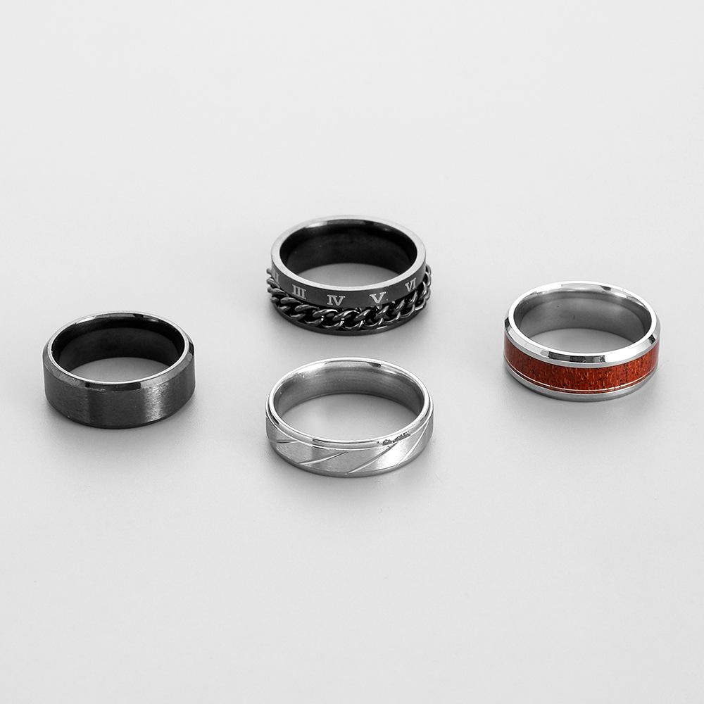 Simple Men's Stainless Steel Wood Grain Chain Roman Numeral Set Ring Can Be Used as a Bottle Opener Fashion Personality