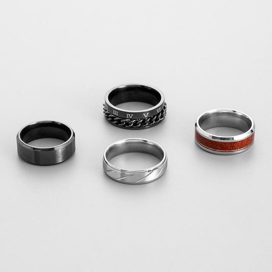 Simple Men's Stainless Steel Wood Grain Chain Roman Numeral Set Ring Can Be Used as a Bottle Opener Fashion Personality