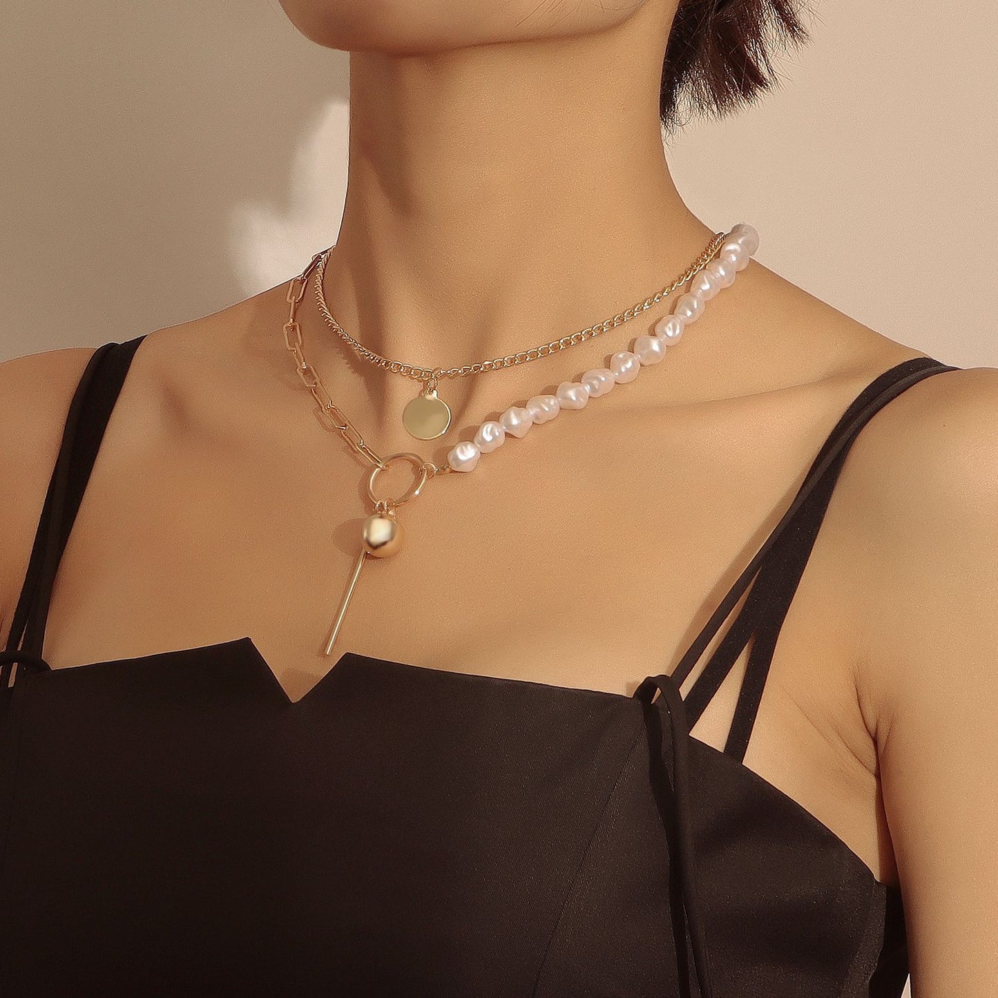 Jewelry Stitching Chain Imitation Baroque Shaped Pearl Necklace Geometric Ball Long Stick Pendant Necklace