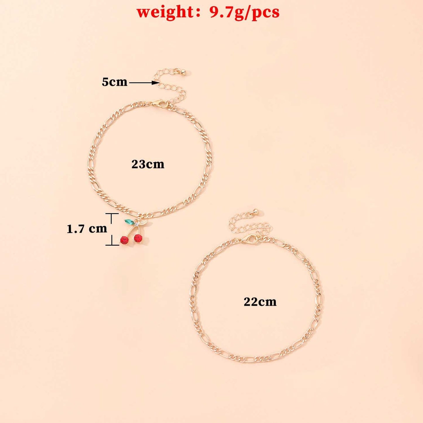 Jewelry Fashion Rhinestone Cherry Pendant Anklet Ladies Metal Beach Foot Jewelry Two-Piece Set