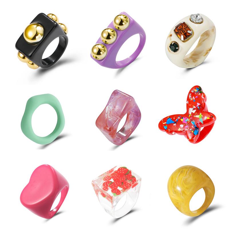 ins transparent resin ring diamond love butterfly acrylic ring multicolor geometric jewelry