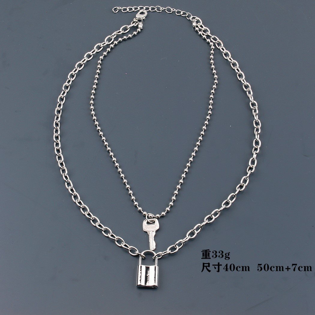 Necklace Jewelry Personality Double Bead Chain Lock with Key Necklace Female Alloy Chain Punk Hip-Hop Necklace