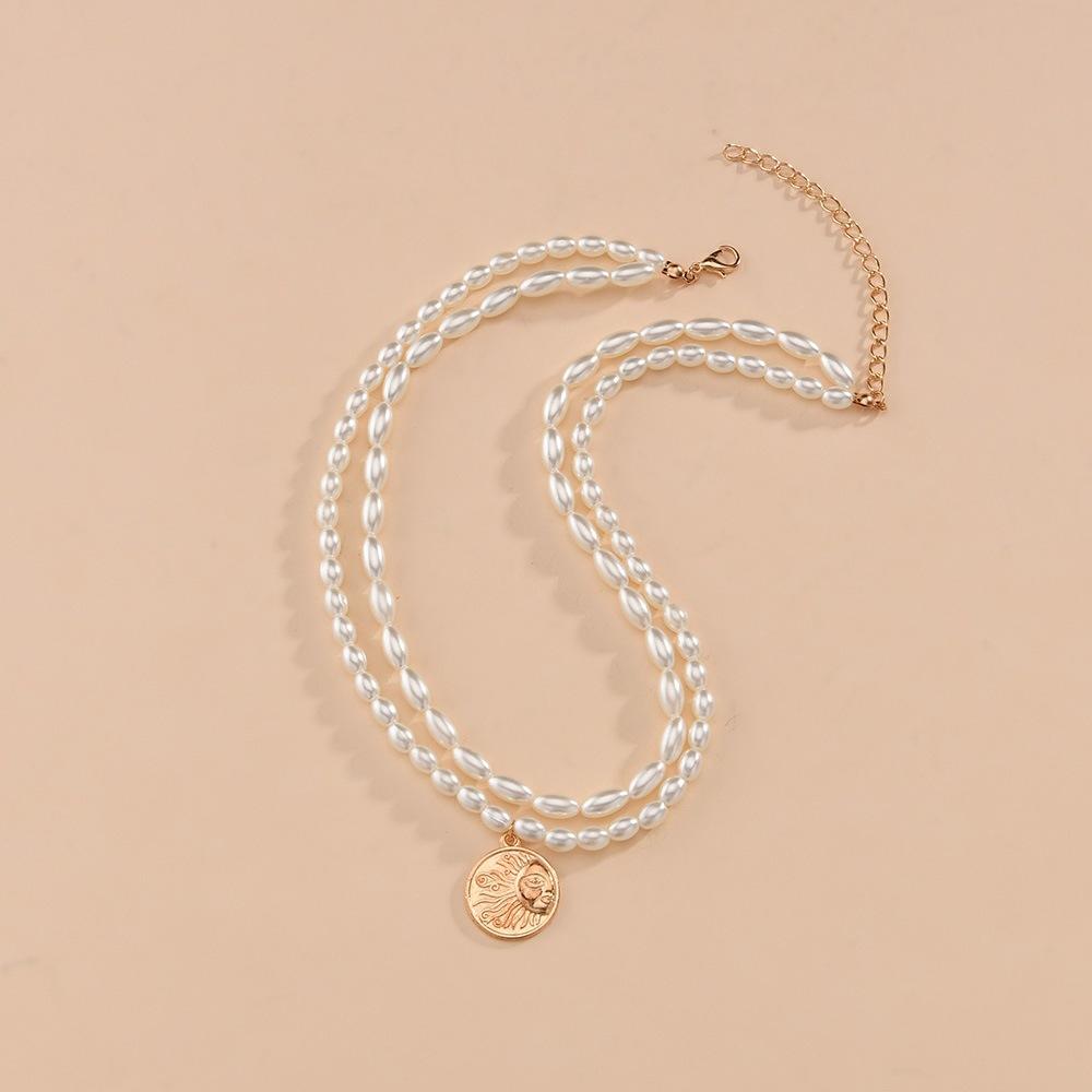 Elegant Temperament Double Imitation Pearl Necklace Fashion Alloy Sun Pendant Necklace Accessories