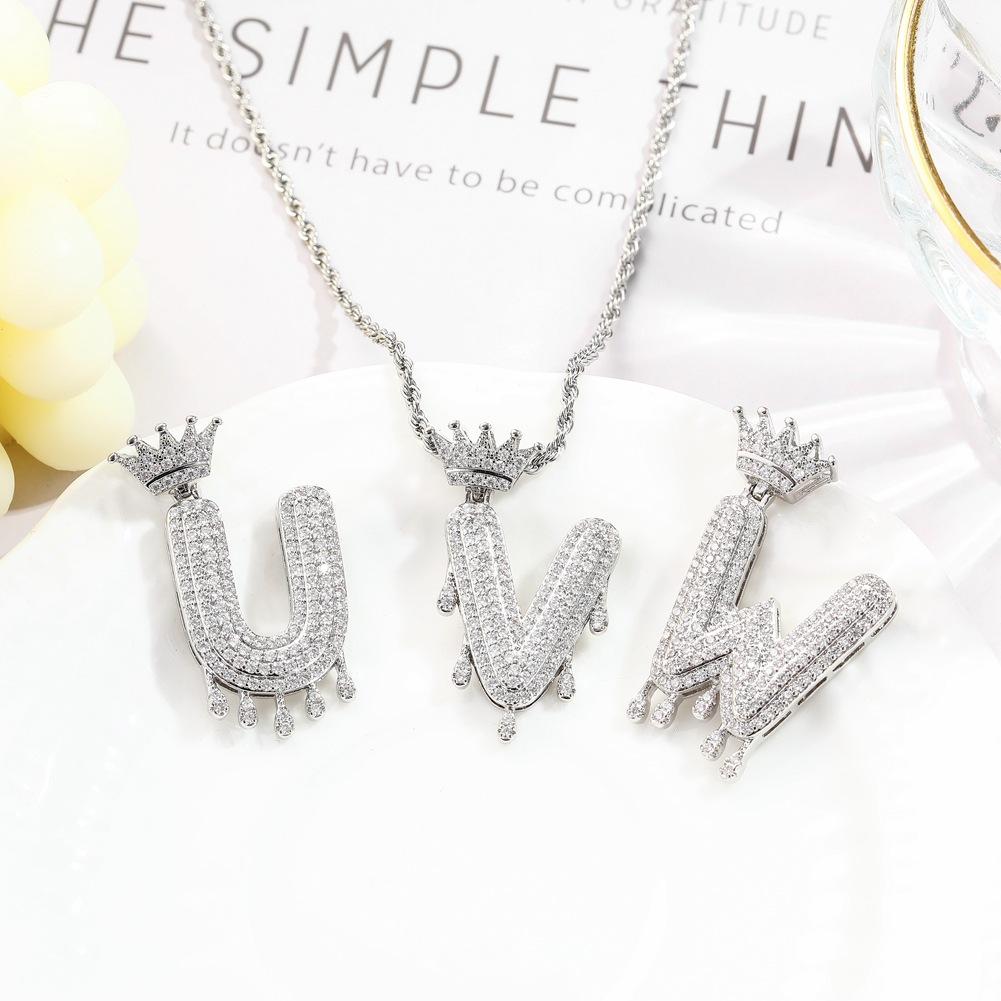 Hip-hop trend necklace copper micro-inlaid zircon 26 English letters crown full diamond pendant jewelry