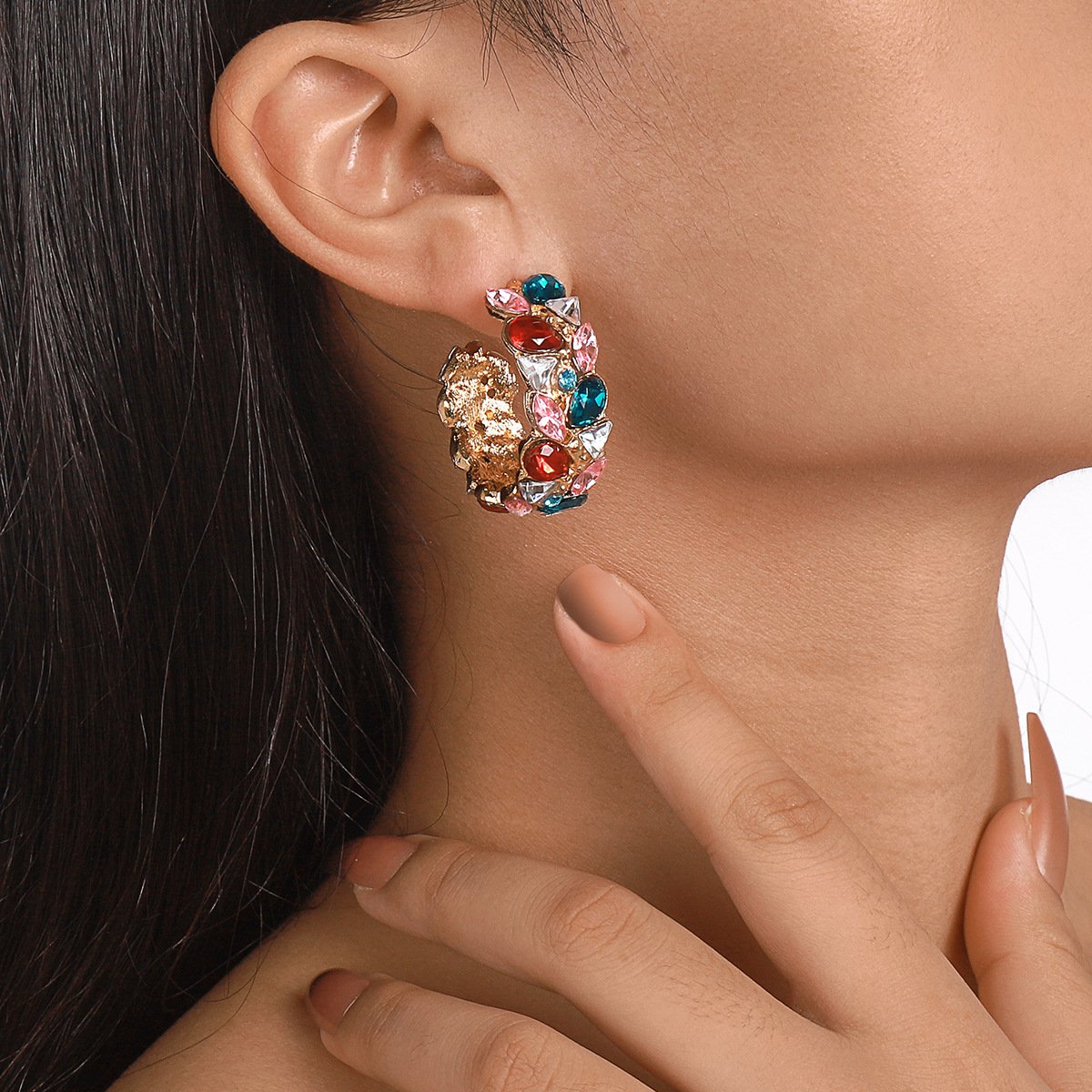 E1741 Personality Fashion Circle C-shaped Earbuckle Light Luxury Exaggerated Design Earrings Rhinestone Vintage Earrings