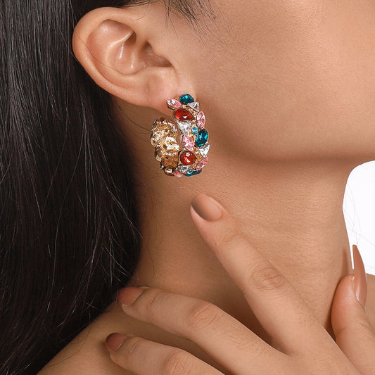 E1741 Personality Fashion Circle C-shaped Earbuckle Light Luxury Exaggerated Design Earrings Rhinestone Vintage Earrings