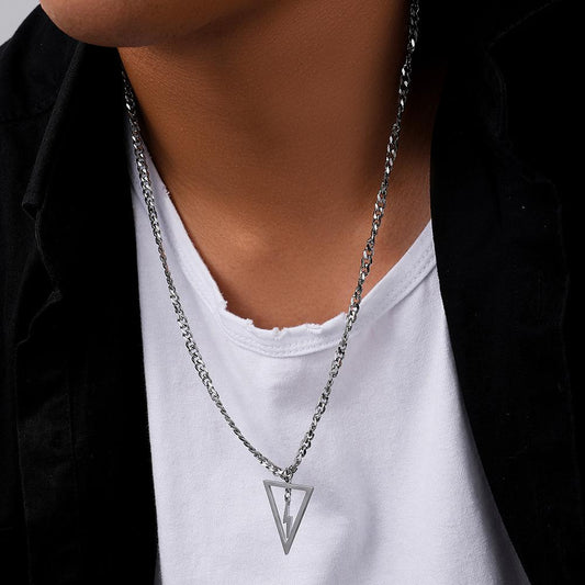 Men's Simple Domineering Fashion Trend Stainless Steel Geometric Triangle Lightning Pendant Titanium Steel Necklace
