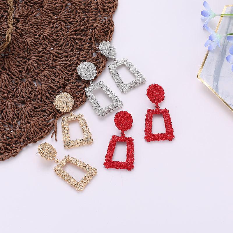 Exaggerated Atmospheric Matte Trendy Geometric Earrings Creative Personality Embossed Trapezoidal Long Metal Earrings