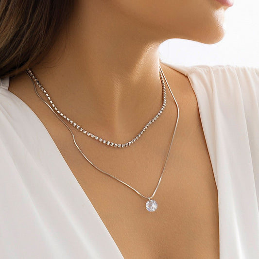 Jewelry simple full diamond zircon pendant double layer necklace female all-match temperament square snake bone chain necklace