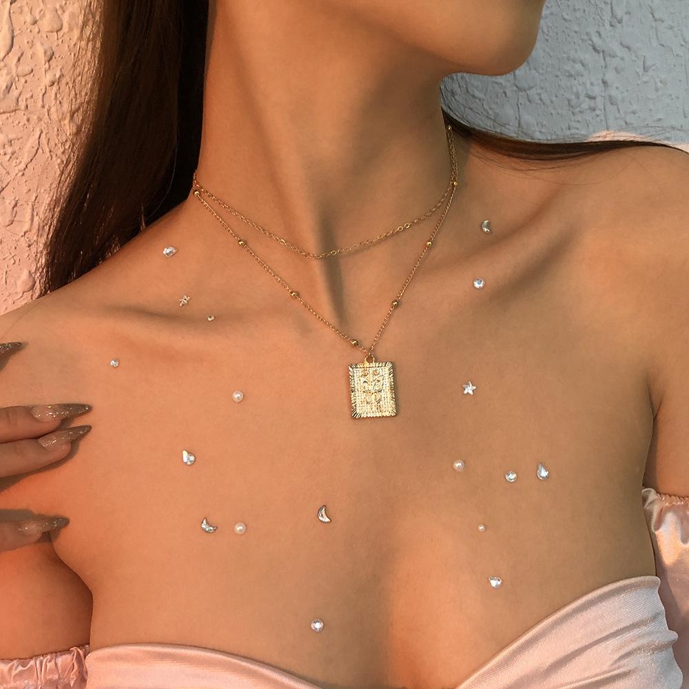 N9479 Fashion Simple Necklace Geometric Butterfly Square Pendant Necklace Metal Creative Double Layer Necklace